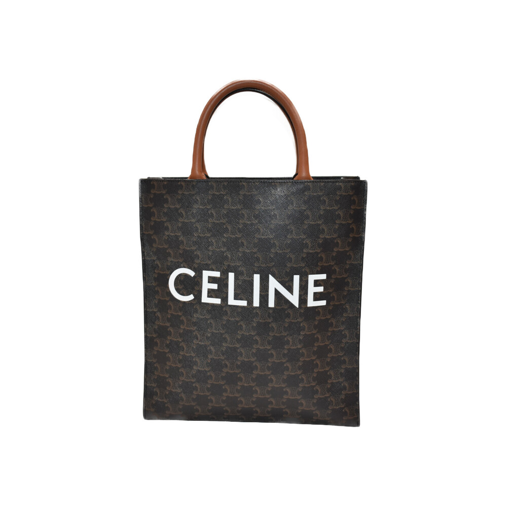 Celine Vertical Black Calfskin Brown Triomphe Cabas Bag Tan Shoulder Dark - Picture 2 of 7